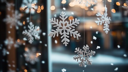 Sparkling Silver Snowflakes Hanging in a Window