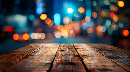 Wooden table with a blurred background of city lights at night, creating an abstract bokeh effect for product display presentation in e-commerce advertising design