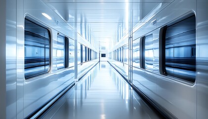 Poster - A futuristic, sleek corridor with reflective surfaces and large windows, suggesting advanced transport.