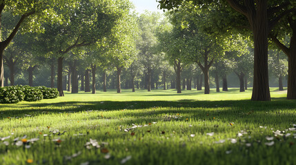 a low poly 3d animated setting of a park with no people, only trees and grass. minimal detail.