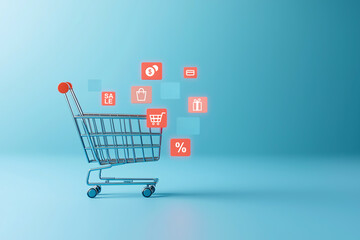 A shopping cart with a blue cart and red shopping cart icons