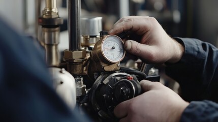 A man is working on a machine with a gauge on it