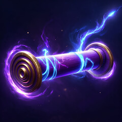 A purple scroll with golden accents, encased in swirling blue and purple energy, glows brightly against a dark blue background.