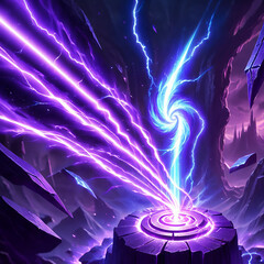 A swirling blue vortex of energy emerges from a circular platform with concentric rings, surrounded by jagged purple rocks and streaks of purple lightning.