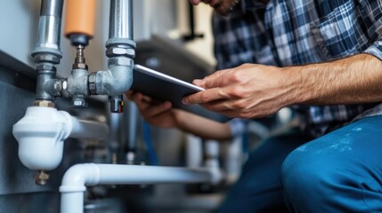 Wall Mural - A man is looking at a tablet while working on a pipe