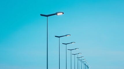 Poster - A row of modern street lamps against a clear blue sky, illuminating the pathway.