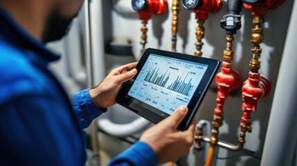 Wall Mural - A man is holding a tablet and looking at a graph