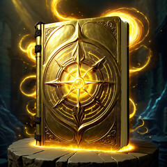 A golden book with ornate designs and a glowing star symbol on the cover sits on a stone base, surrounded by ethereal golden light.