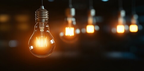 Wall Mural - A vintage light bulb hangs in a dimly lit room. With a blurred background