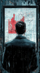 Poster - A man in a suit is looking at a computer screen with red lines on it. Concept of urgency and importance, as the man is focused on the data displayed on the screen