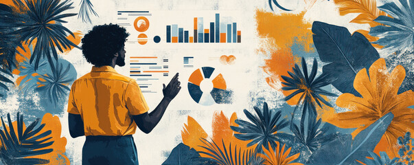 Poster - A man is pointing at a screen with a bunch of graphs and numbers. The image has a tropical feel to it, with lots of green and orange colors. The man is focused on the data on the screen