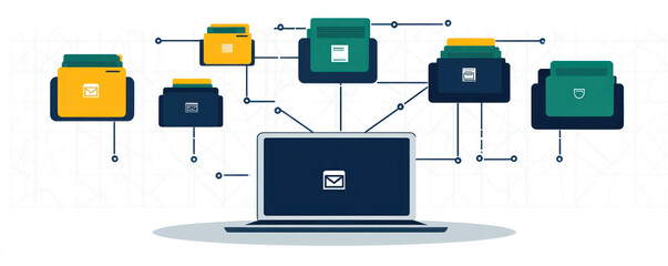 Poster - a laptop screen shows a network of folders and a message that says 