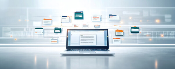 Poster - A laptop screen shows a lot of different files and folders. Concept of a busy work environment, with many different tasks and projects to manage. Scene is somewhat chaotic, as the various files