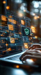 Poster - A person is typing on a laptop with a green check mark on the screen. Concept of security and protection, as the check mark is often associated with safe and secure systems