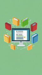Poster - a computer monitor with a bunch of books surrounding it. the books are of different colors and sizes