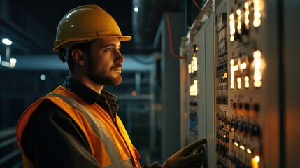 A man in a yellow safety vest is working on a control panel