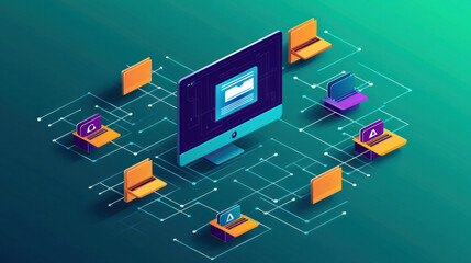 Poster - a computer monitor with a bunch of laptops connected to it. concept of a network of computers and de