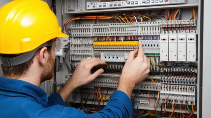 A man in a yellow hard hat is working on a power box