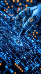 Poster - A robot hand is pointing to a blue button on a computer screen. Concept of technology and automation, as the robot hand is a representation of a machine or artificial intelligence
