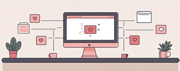 Poster - a computer monitor with a heart on it and a bunch of other hearts surrounding it. the monitor is on 