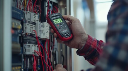 A man is working on a circuit board with a multimeter