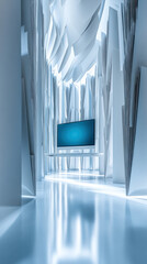 Poster - A blue television is sitting on a white table in a room with white walls. The room is empty and the television is the only object in the space