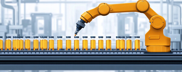 Poster - A robot is working on a conveyor belt with many bottles. The robot is orange and is spraying a liquid on the bottles