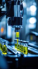 Poster - A machine is filling up yellow bottles with a yellow liquid. The bottles are lined up in a row and the machine is in the middle of the row