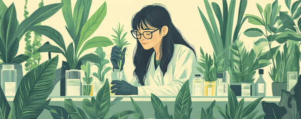 Poster - A woman in a lab coat is working with plants. She is wearing gloves and a lab coat