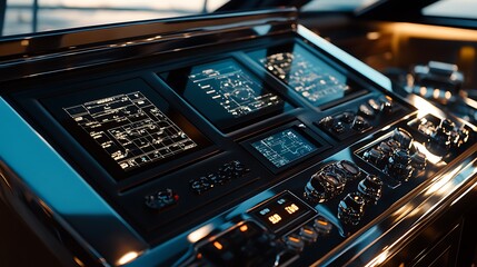 Poster - A sleek control panel featuring digital displays and various controls for navigation.