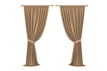 Two beige curtains tied back on a rod against a white background.