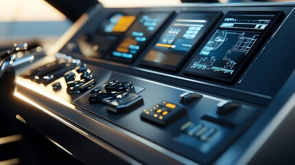 Poster - A modern control panel featuring digital displays and various controls for operation.