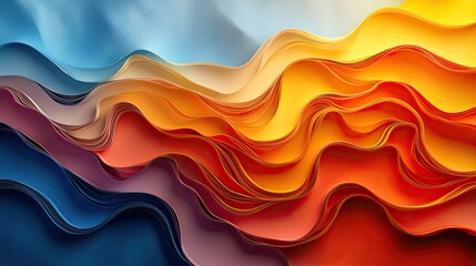 Aufkleber - rendering of colorful paper quilling with flowing curved yellow and orange stripes on blue background.stock photo