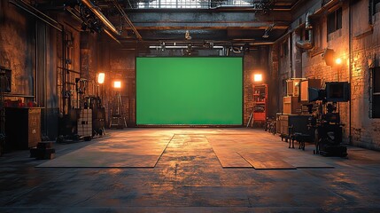 Poster - rendering depicts an industrial TV show backdrop with green screen tracking technology.illustration
