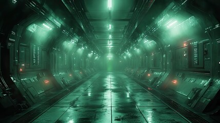 Aufkleber - rendering of an empty dark futuristic sci-fi hall features illuminated lights and neon light reflecting on the surface for dramatic effect.illustration