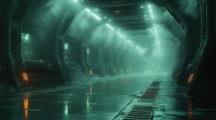 Leinwandbilder - rendering of an empty dark futuristic sci-fi hall features illuminated lights and neon light reflecting on the surface for dramatic effect.stock photo