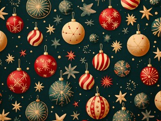 Poster - A festive arrangement of colorful Christmas ornaments, featuring various designs and patterns, set against a dark background filled with stars.