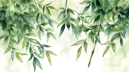 Poster - bamboo forest seamless pattern on white background, featuring green bamboo stalks and leaves in an Asian-style watercolor design, perfect for print or fabric textile