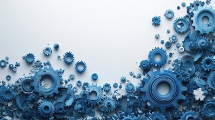 Poster - banner featuring blue gears on white background reflects high-tech innovation with space for custom text at the top.