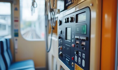 Poster - Control panel of a train cabin with seats and a view of the tracks outside.