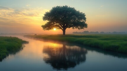 Poster - beautiful green tree in meadow near river at sunrise, with misty fog in the background, creating serene landscape scene.
