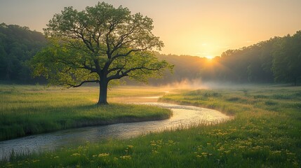 Poster - beautiful green tree in meadow near river at sunrise, with misty fog in the background, creating serene landscape scene.image