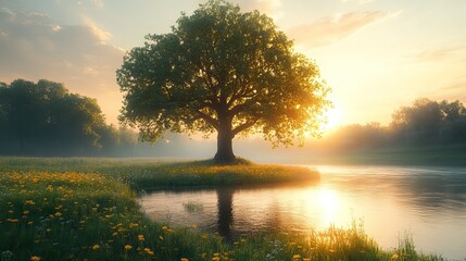 Poster - beautiful green tree in meadow near river at sunrise, with misty fog in the background, creating serene landscape scene.stock photo