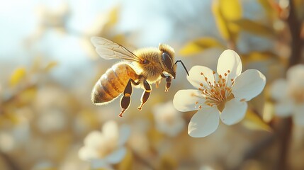 Poster - bee flying over white blossoms, against blurred backdrop of blooming trees.image