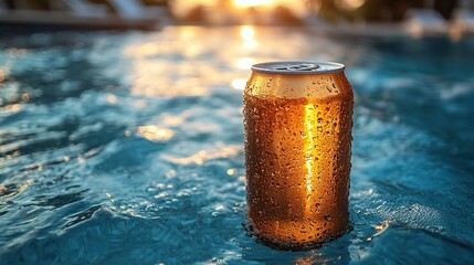Poster - beer can lying beside pool viewed from above, evoking relaxed summer atmosphere.stock photo