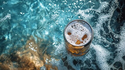 Leinwandbilder - beer can lying beside pool viewed from above, evoking relaxed summer atmosphere.