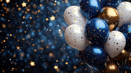 Aufkleber - birthday background with navy blue and white balloons and gold stars creates celebratory, elegant scene.illustration