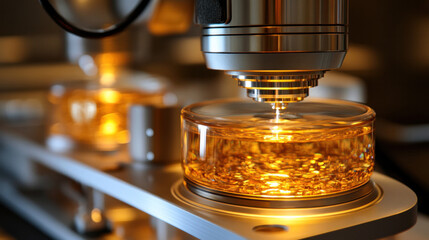 Poster - A glass object is being made in a lab with a machine. The object is yellow and has a gold-like appearance