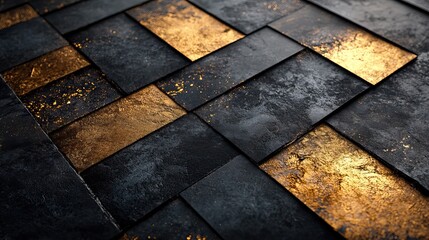 Poster - black and gold abstract design featuring geometric shapes and metallic textures, creating luxurious and elegant feel.