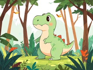 Canvas Print - Cute Green Dinosaur in a Lush Forest